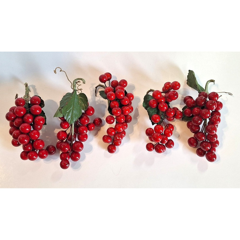 Vintage Red Berry Floral Picks Set of 5 Faux Fruit Clusters Christmas Decor